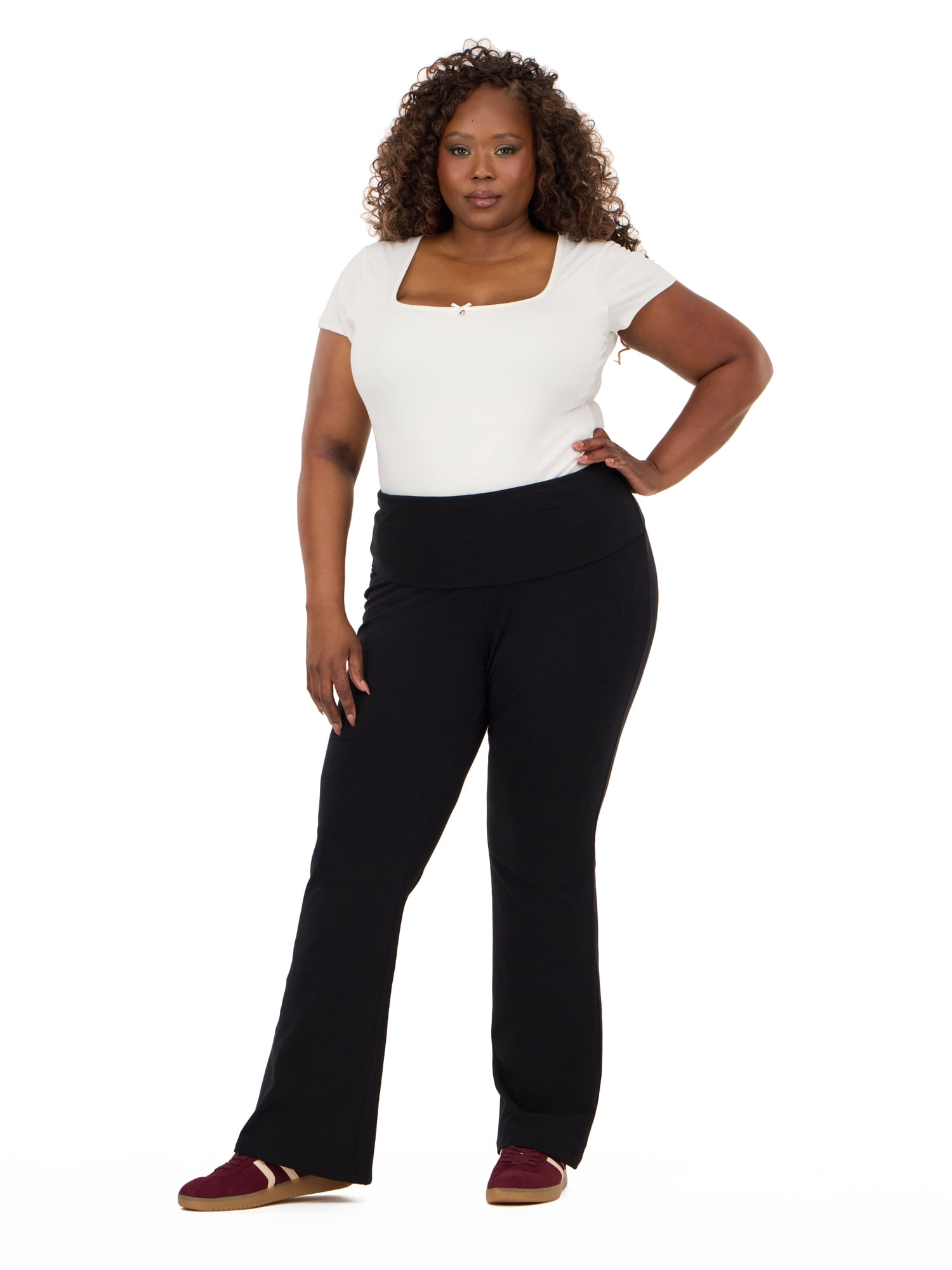 Forever 21 Women's Jersey Fold Over Waist Pants with Graphic Detail, Flare Leg Lounge Pants, Stretch Casual Everyday Comfort Style, Black, XXS-4X