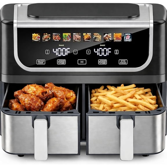 9.5-Qt Dual Basket Air Fryer, 10-in-1 Digital Preset 1700W Airfryer, Sync Cook, Independent Temp Control, Shake Reminder, Nonstick Basket, Black