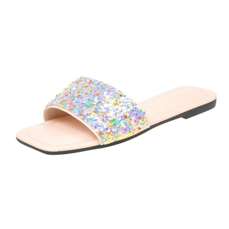 

YanHoo Rhinestone Slide Sandals Women Girls Dressy Low Wedge Sandal Summer Beach Cute Slip on Slippers Boho Glitter Open Toe Flat Sandals