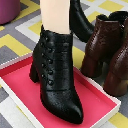 

Chunky Heeled PU Leather Ankle Boots With Button Decor Women‘s Footwear