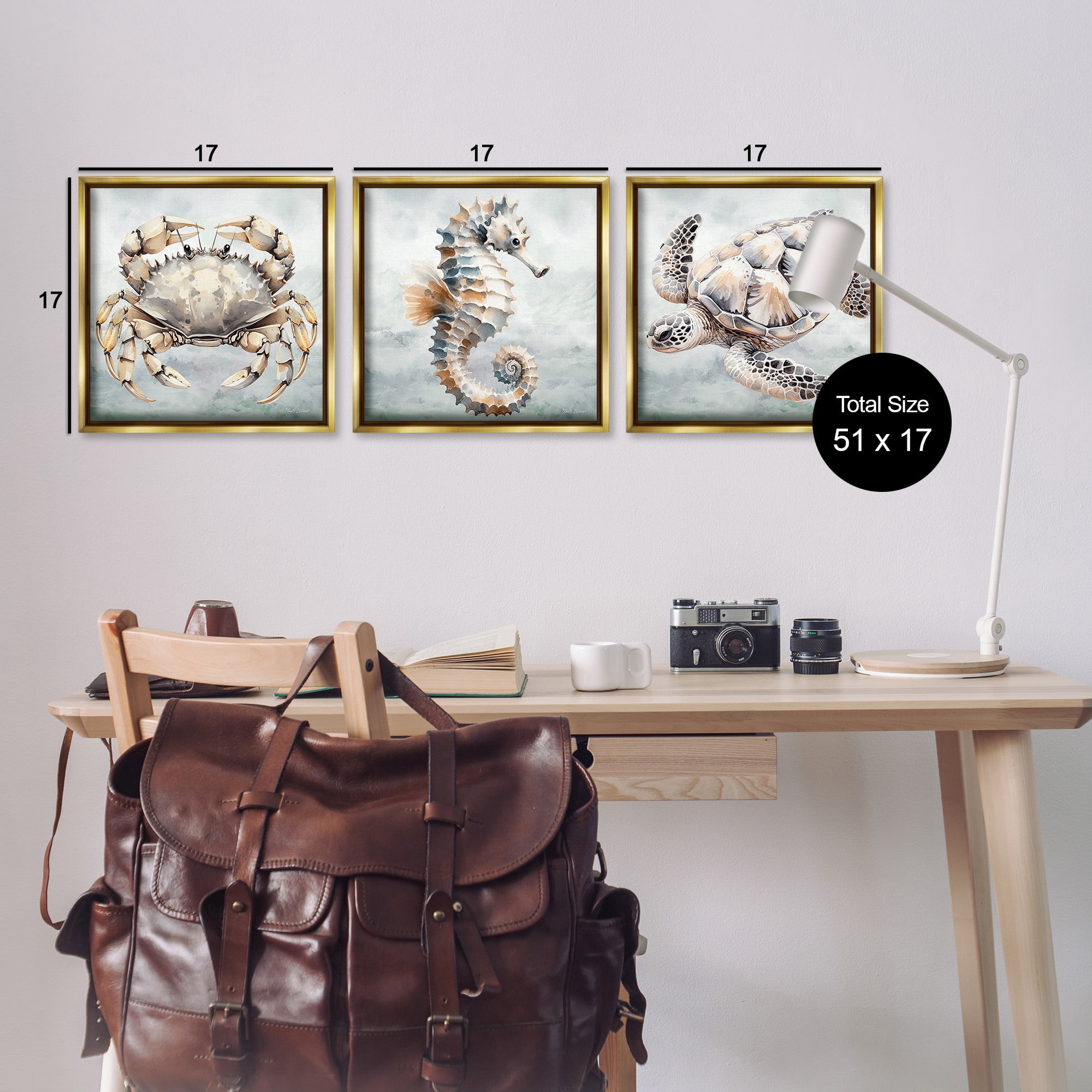 Stupell Industries Traditional Marine Life Animals & Insects Painting Gold Floater Framed Canvas Art Print Wall Art, 18 x 18, Set of 3