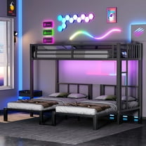 Mirightone 3 Bed Metal Bunk Bed Twin XL over Twin over Twin, Triple Bunk Bed with Charging Station & LED Light, Convertible Bunk Bed Frame for Teens and Adults, Black