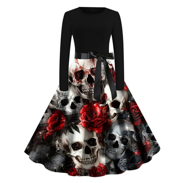 Robe Swing Grande Taille pour Femmes Robe Gothique Renaissance Steampunk Manches Longues Robe Cocktail Vintage Imprimé Squelette Citrouille Cosplay Costume de Fête