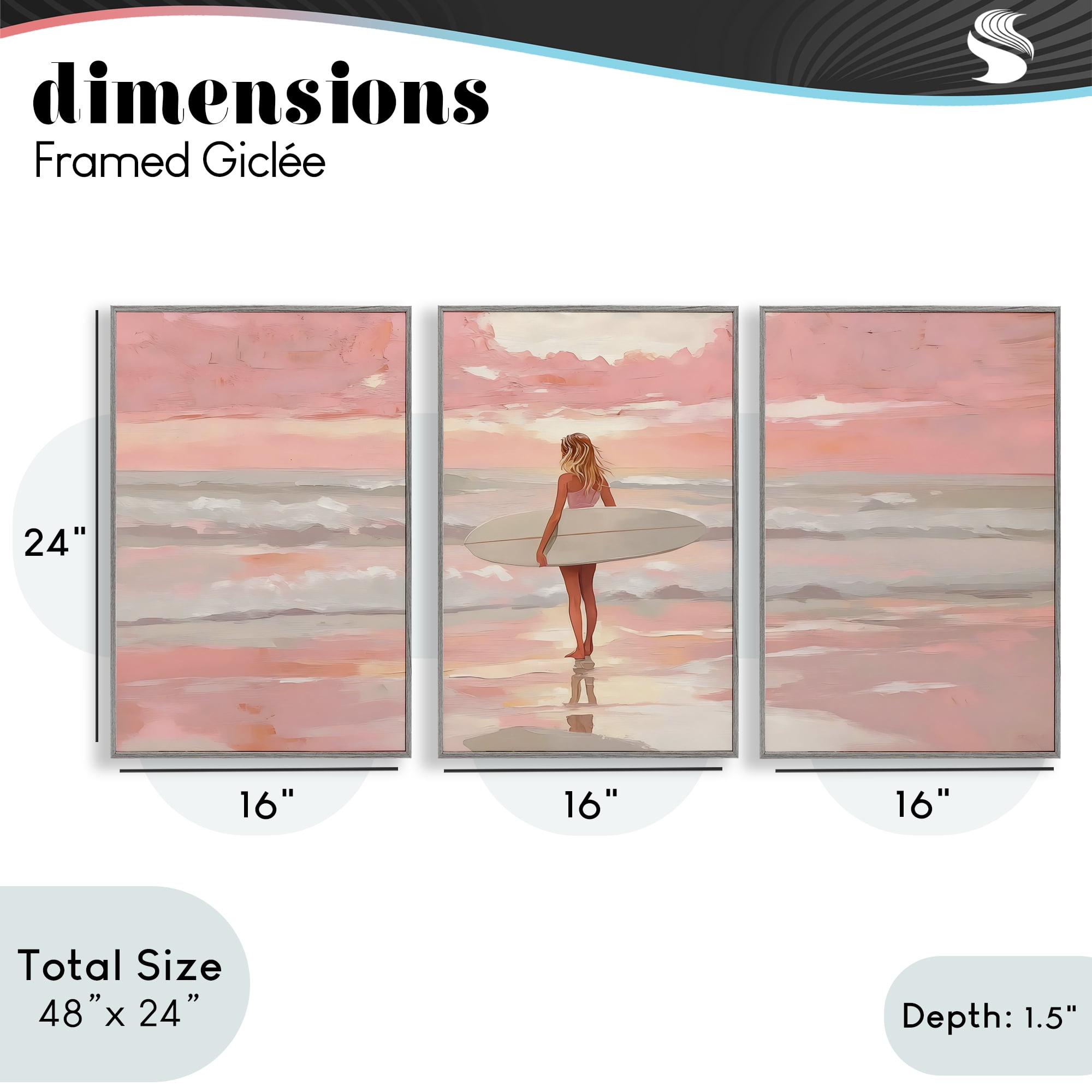 Stupell Industries Pink Sky Surfer Sunrise 3 Piece Gray Framed Giclee Art Set, design by LSR Design Studio