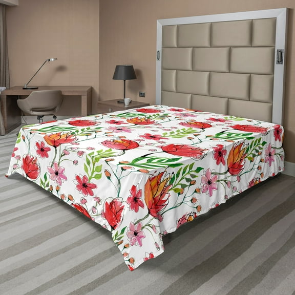 Ambesonne Floral Flat Sheet, Scribbled Flowers and Leaves, King Size, Pink Green