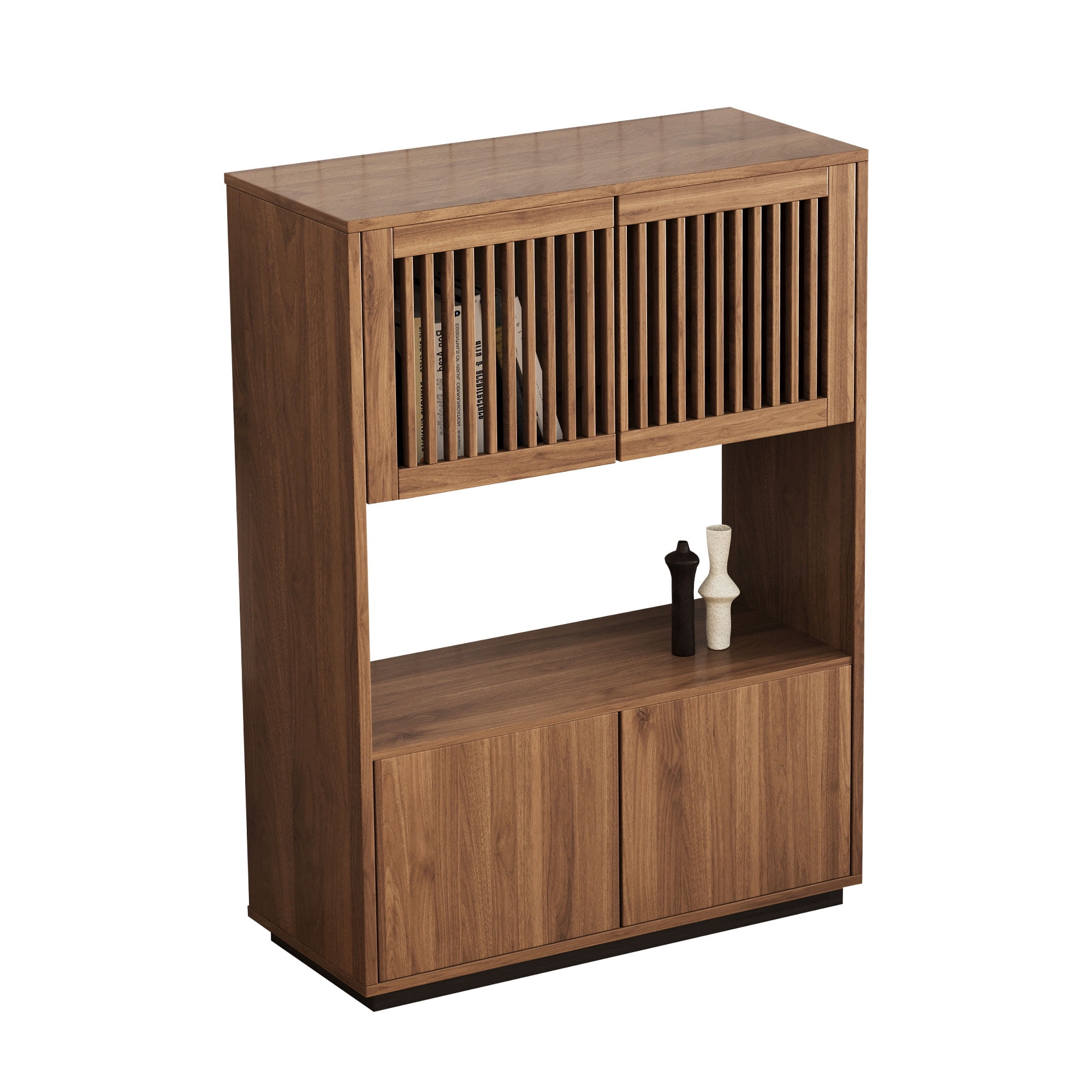NessCarsti Modern Storage Cabinet, 4 Doors, Shelves, Walnut Brown, 33.46"