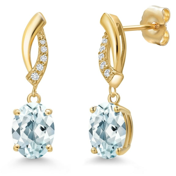 Gem Stone King 14K Yellow Gold Sky Blue Aquamarine and Lab Grown Diamond Earrings for Women | 2.45 Cttw | Gemstone March Birthstone | Oval 8X6MM