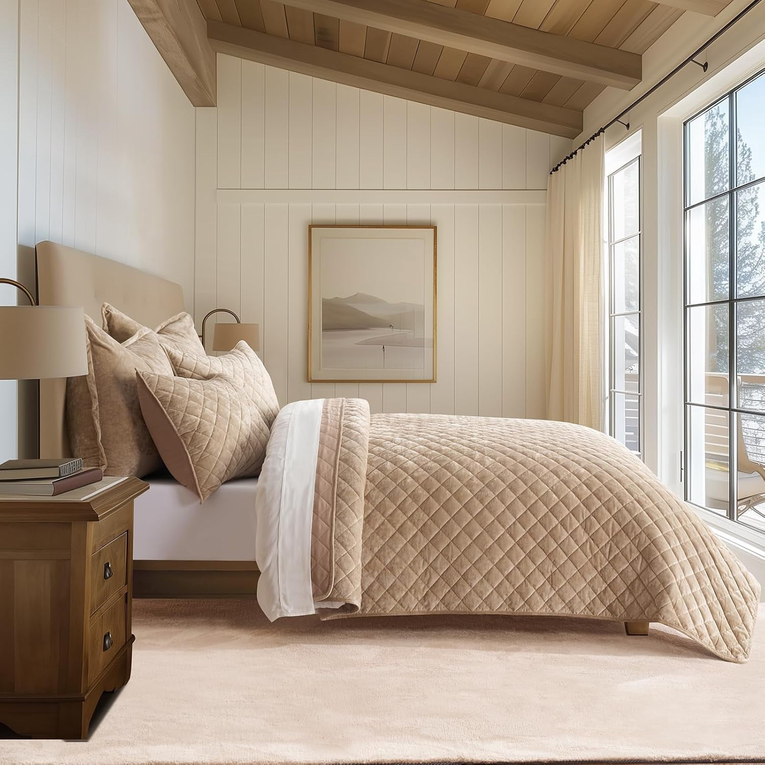 EVERGRACE Luxury Velvet Quilt Set Queen Size, Diamond Quilted Lightweight Velvet Comforter for All Season, Ultra Soft Oversized Bedspread Coverlet Bedding Set with 2 Pillow Shams, Beige Taupe