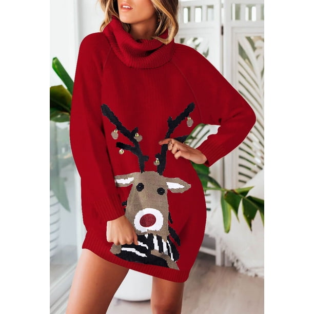 Pink Queen Women Turtleneck Ugly Loose Print Christmas Long Sweater Dresses with Pocket - Shop Black Friday Deals for 2024!