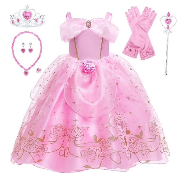 Benylion Girls Aurora Princess Costumes for Halloween Party Fancy Dress up with Accessories for 5-6 Years