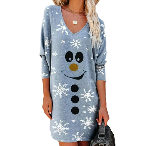 Skksst Womens Long Sleeve V Neck Christmas Casual Loose T Shirt Dress