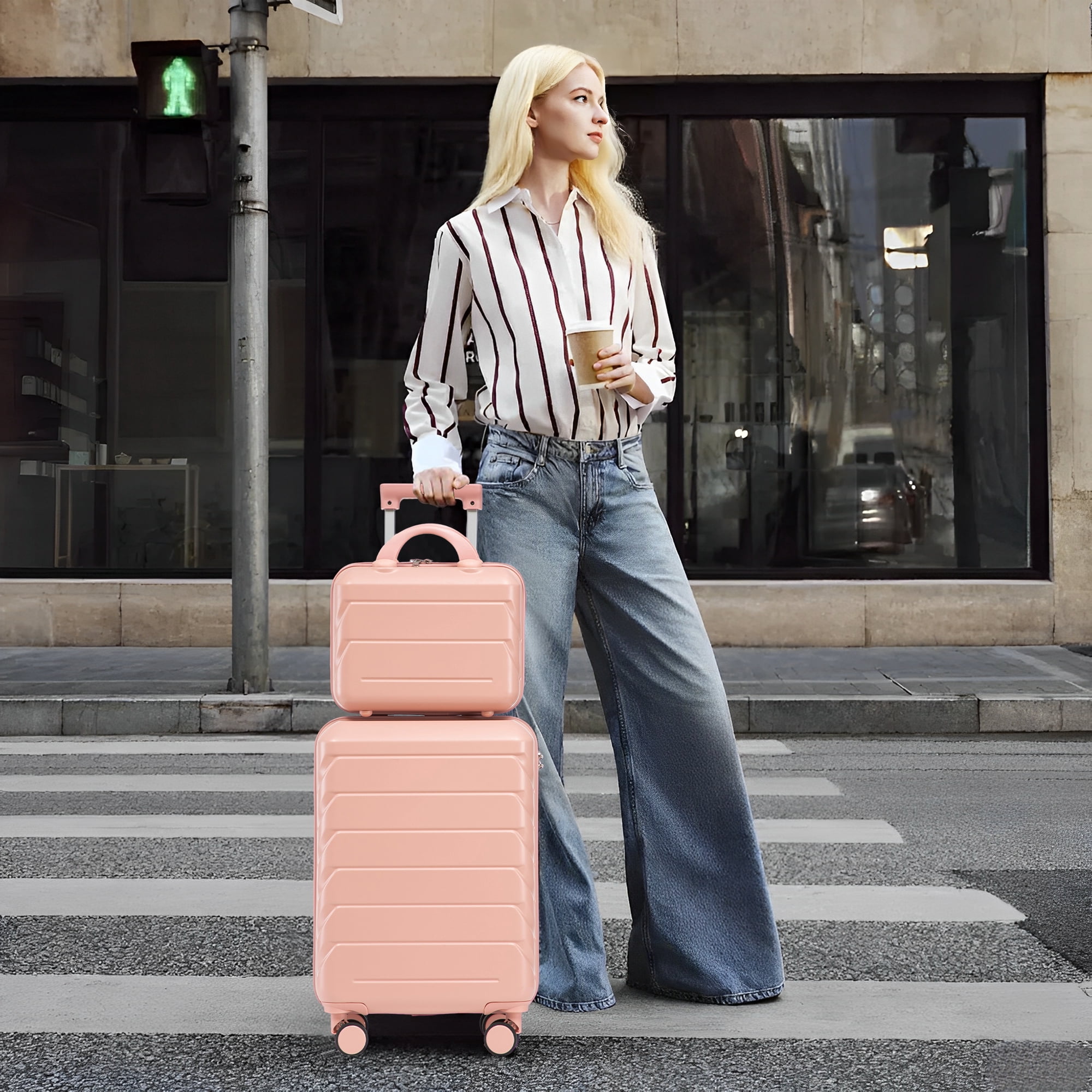 Luccalily carry-on 2-piece luggage set 14"/20" 2 pcs/set in ABS Spinner Wheel Luggage, with Combination Lock,14" Cosmetic Case (Pink)