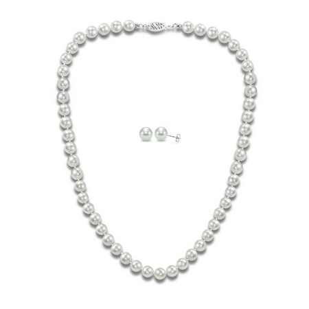 - 14Kt White Gold 6.5-7mm Japanese Akoya Cultured Pearl 18 Necklace and Earrings Set, AAA+ Quality