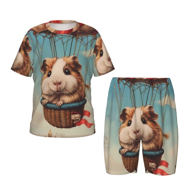 Fotbe Hot Air Balloon Guinea Pig Pijama Estampada de 2 Piezas para Niños – Ropa de Dormir de Manga Corta Cómoda para Niños y Niñas, Camiseta y Shorts de Algodón-3X-Large