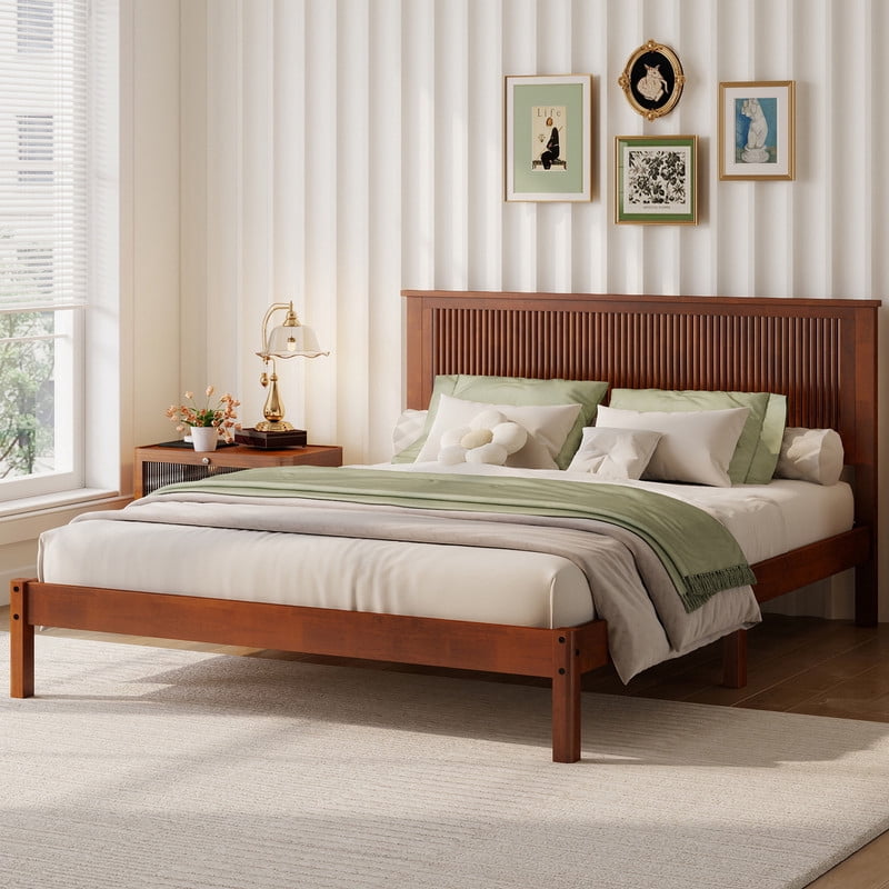 Queen Size Wood Bed Frame with Wave-Fluted Headboard, Low-Profile Platform Bed with Central Support Legs and Under-Bed Space