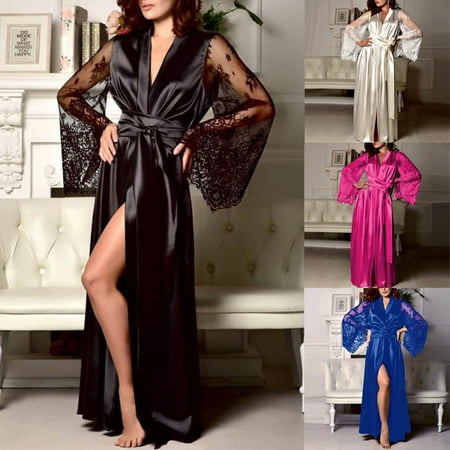

Rong Yun Women Satin Long Nightdress Silk Lace Lingerie Nightgown Sleepwear Sexy Robe