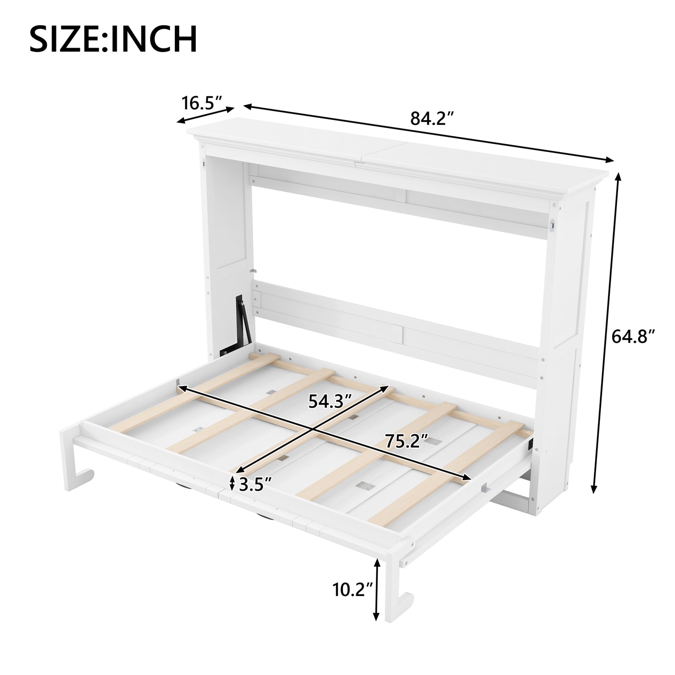 Noble House Halden Full Size Pine Wood Murphy Bed, Hidden Foldable Wall Bed Cabinet with Slat Support, White