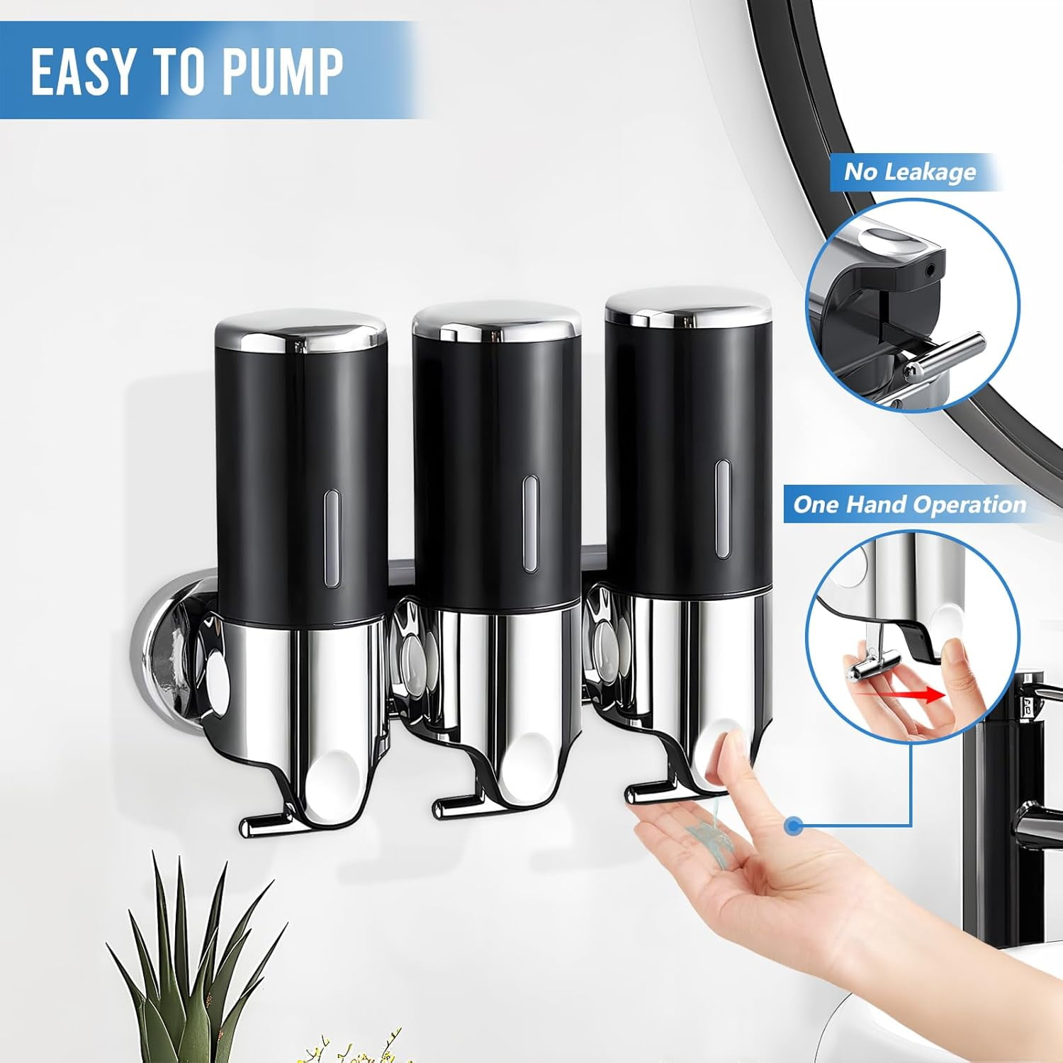 Soap Dispenser - 3 Chamber Black No Drill Bathroom Shampoo and Conditioner Dispenser for Shower, Wall Mounted Largre Capacity Refillable Dipsenser