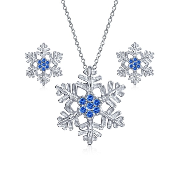 Bling Jewelry Womens Holiday Party Snowflake Pendant Necklace & Earrings Set Blue CZ Sterling Silver