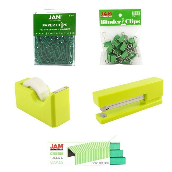 JAM Paper Office Starter Kit, Green, 5/Pack, Stapler, Tape Dispenser, Staples, Paper Clips & Binder Clips