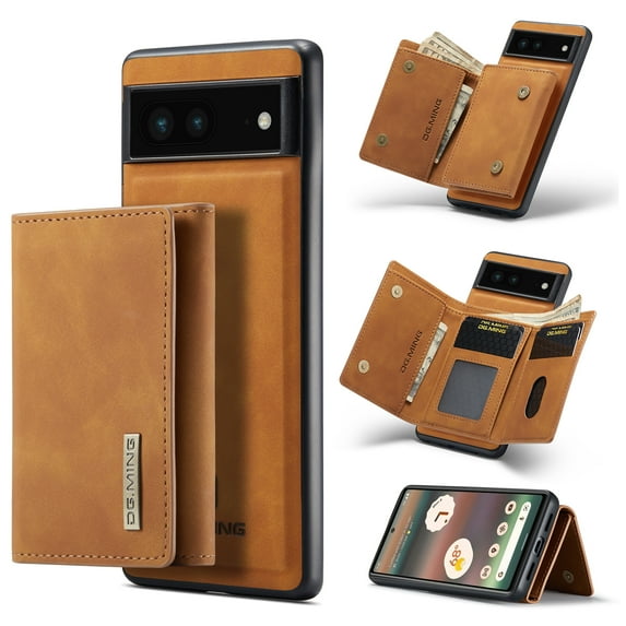 Back Wallet Case for Google Pixel 6A, Detachable Card Slots Holder Kickstand Magnetic Closure Cover with Premium PU Leather Soft Silicone Shockproof Drop Resistant Protective Case,Brown