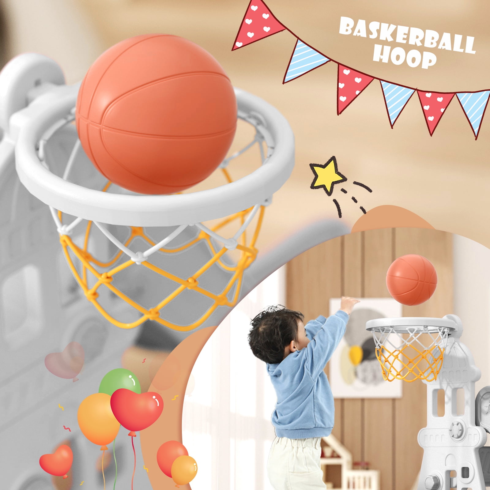 XJD 4-in-1 Kids Slide for Toddlers Age 1-3 Slide and Swing Set,Indoor Playground for Children,Freestanding Outdoor Slides with Basketball Hoop, Baby Climbing Toys