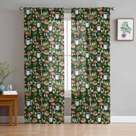 Mushroom Frog Sheer Curtains 72 Inches Long 2 Panels Set, Window Sheer Curtains for Living Room/Bedroom, Coffee Bread Dark Green Background Light Filtering Rod Pocket Curtain 52'' x 72'' x 2