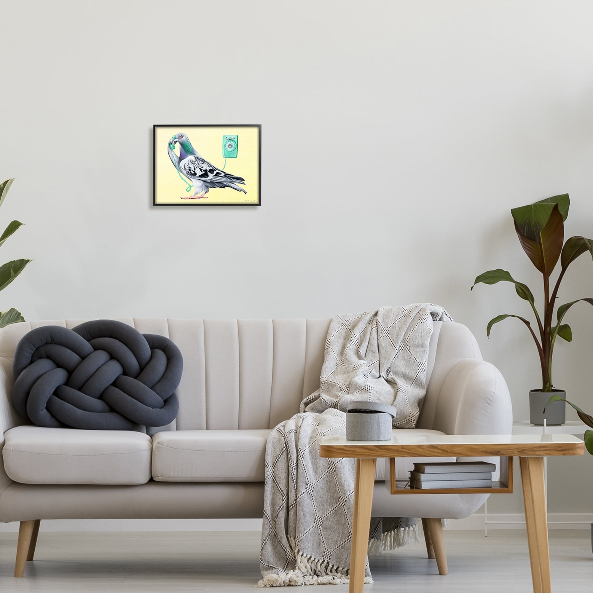 Stupell Industries Pastel Pigeon Vintage Phone Call Yellow Background Graphic Art Black Framed Art Print Wall Art, Design by Amelie Legault