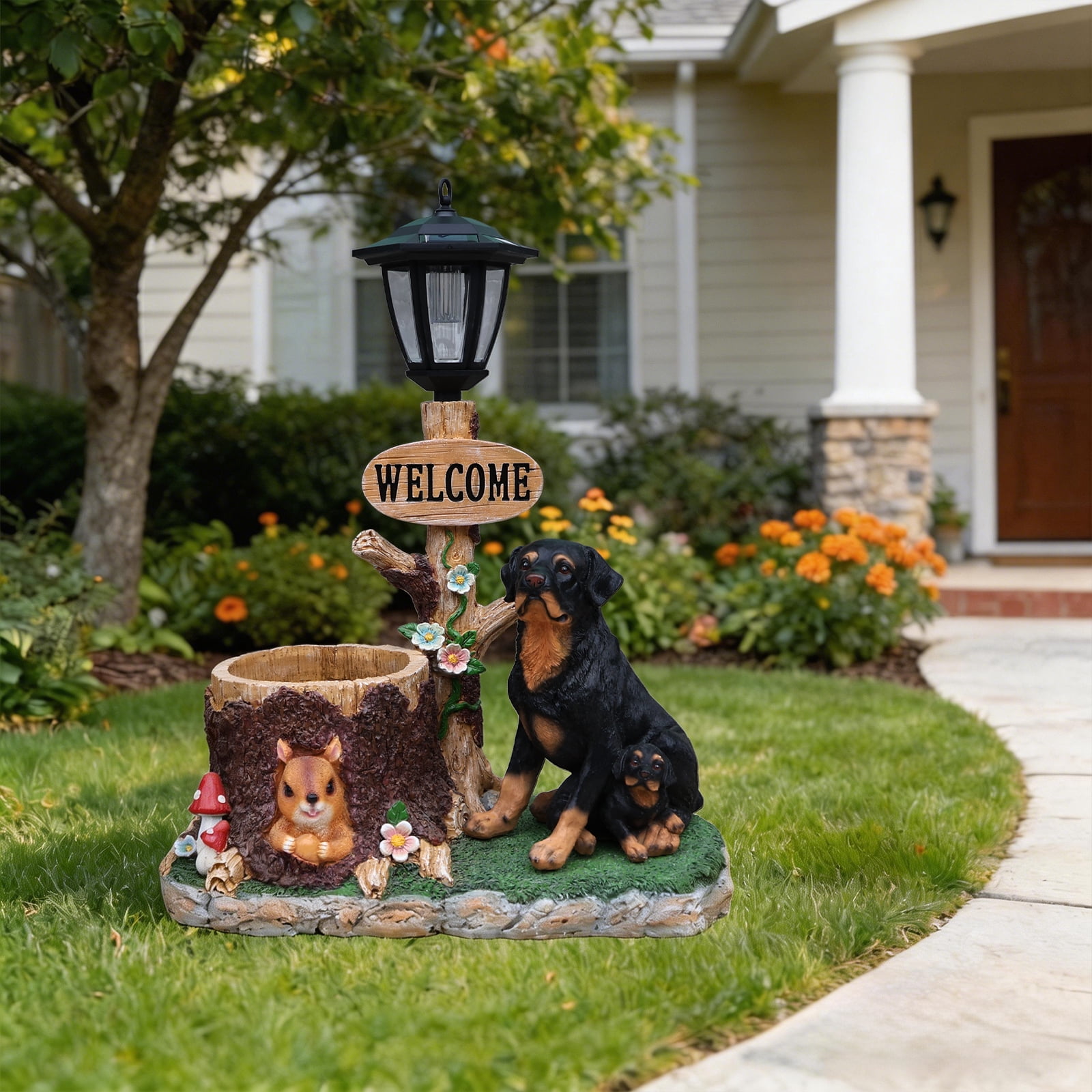 Aukfa Rottweiler Dog Planter Statue with WELCOME Sign & Solar LED Light, Outdoor Garden Balcony Lawn Decor