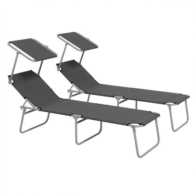 2Pcs Outdoor Folding Chaise Lounge Chairs with Adjustable Sun Shade, Steel Frame & Oxford Cloth Recliners for Patio, Poolside, Garden, Beach & Camping, Grey, 73.6" L x 22.8" W