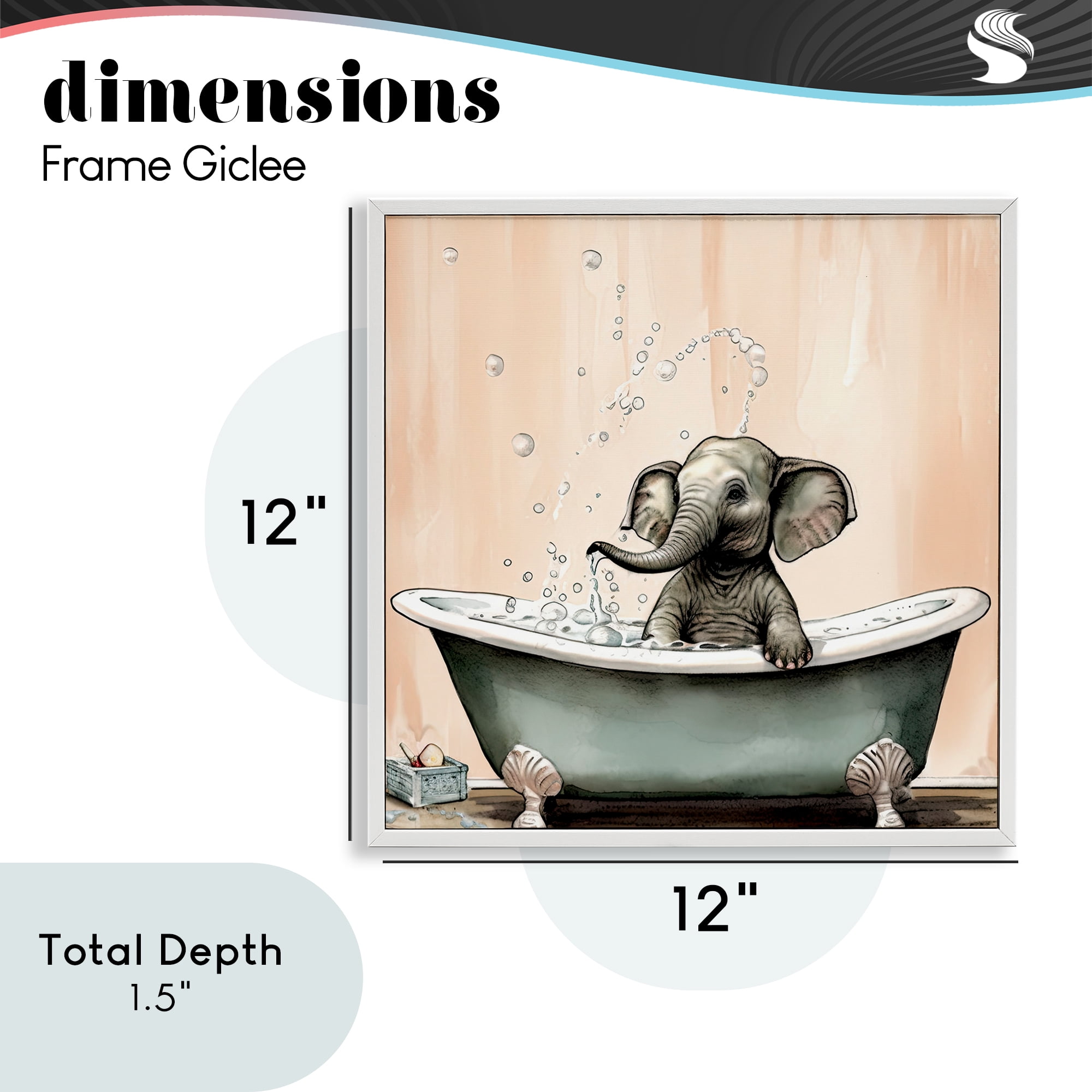 Baby Elephant Bubble Bath White Framed Giclee Art, design by Sasha