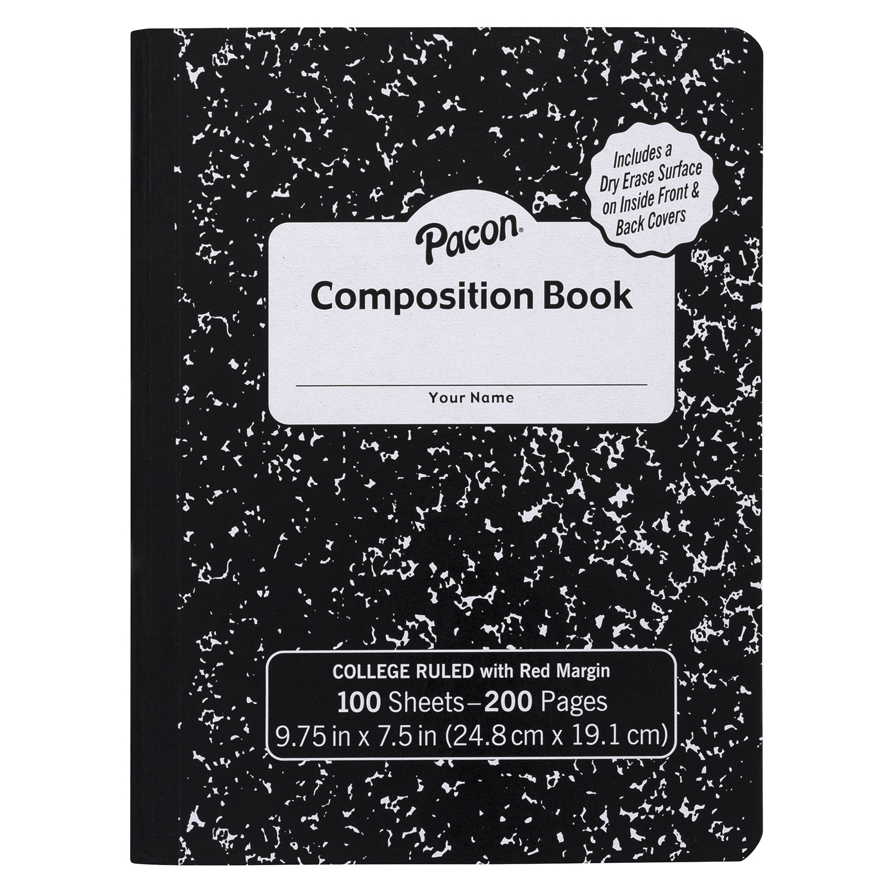 Pacon Composition Book, Black Marble, 9/32 in ruling with red margin 9-3/4" x 7-1/2", 100 Sheets, Pack of 6
