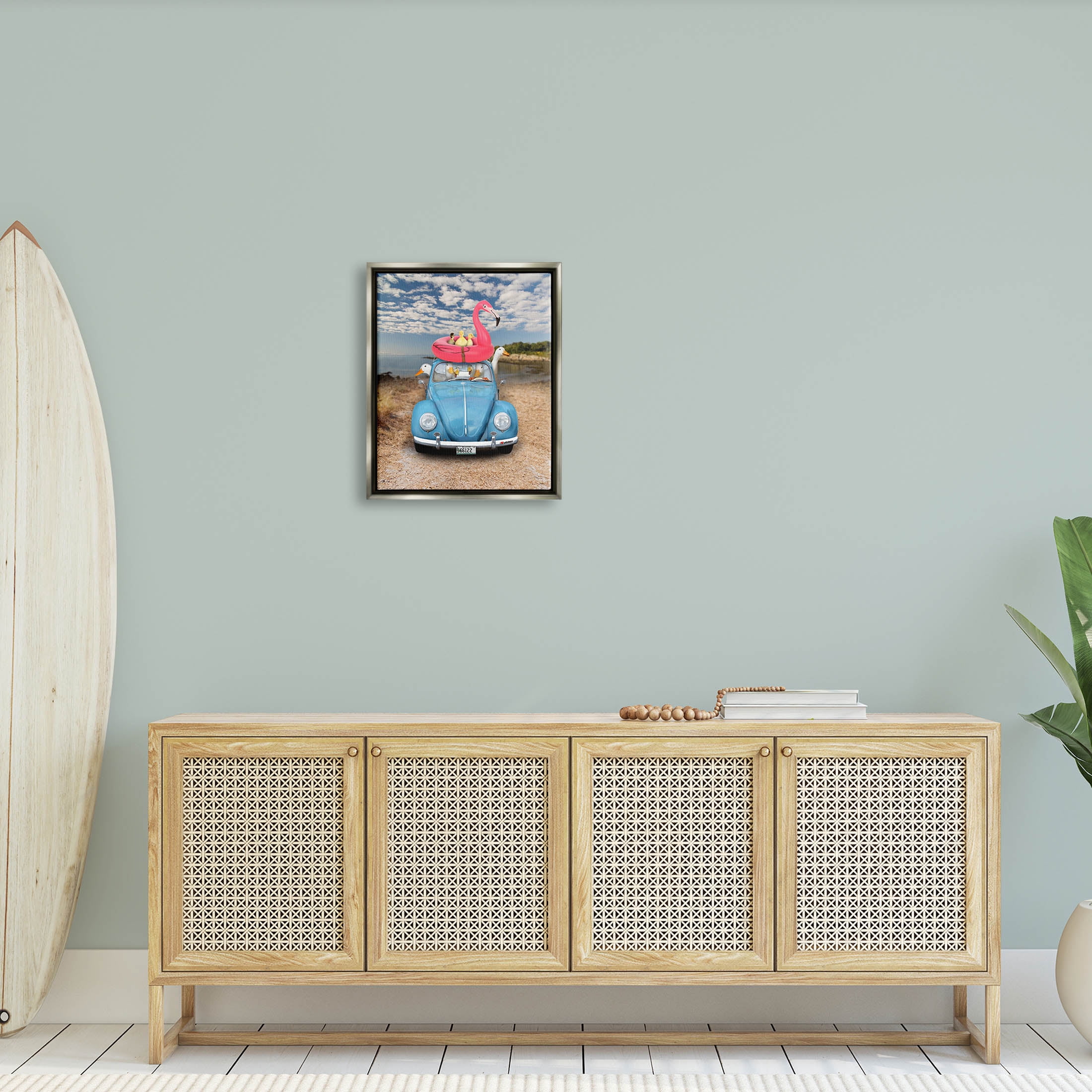 Funny Summer Beach Vacation Geese Animals & Insects Graphic Art Luster Gray Framed Art Print Wall Art