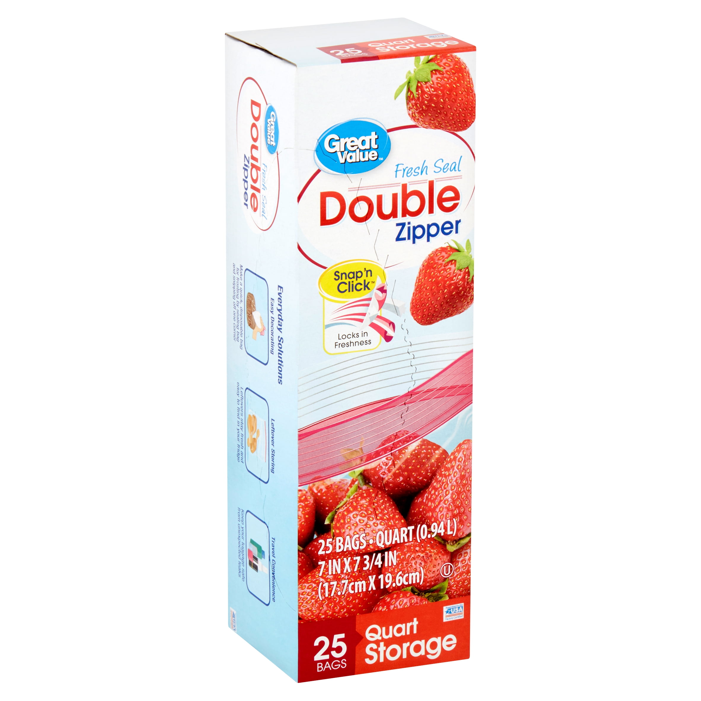 Great Value Double Zipper Quart Storage Bags, 25 count
