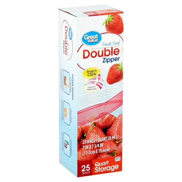 Great Value Double Zipper Quart Storage Bags, 25 count