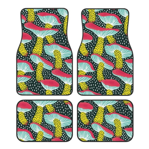 Balery Green Mushroom Pattern 4-Piece Floor Mats, Heavy-Duty Rubber Liners, Anti-Slip Design, All-Season Automotive Protection, Vehicles, Cars, Trucks, and SUVs