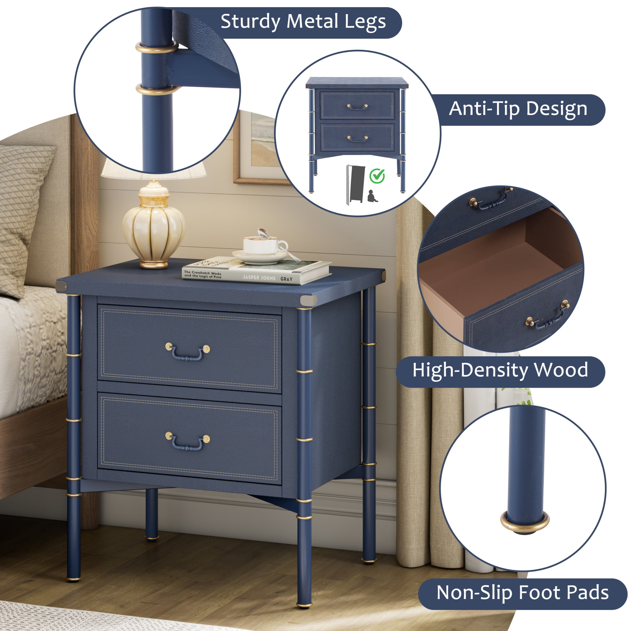 Christopher Knight Home Vintage Nightstand with 2 Drawers, PU Upholstered Bedside Table, Navy Blue