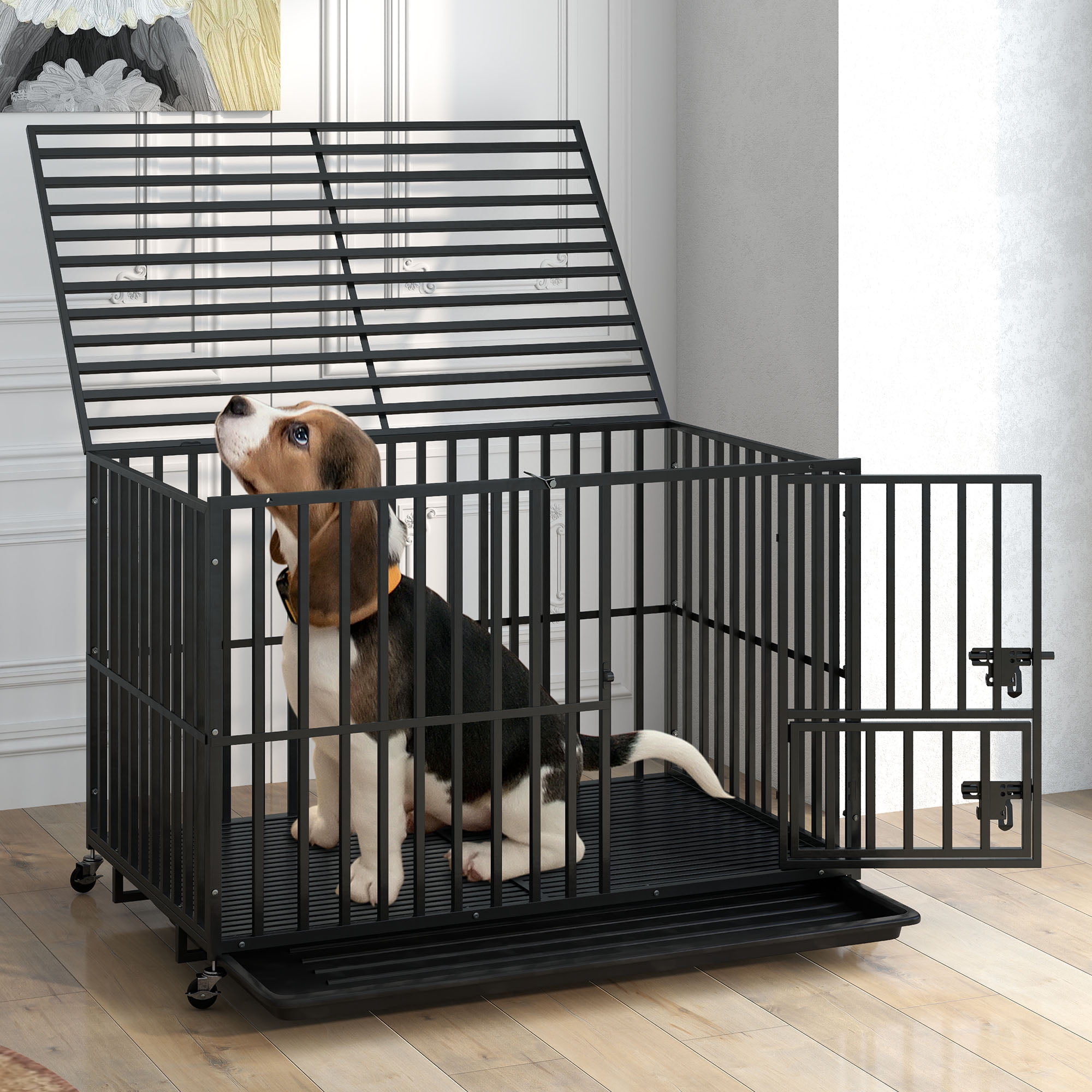 Uforic 48 inch Heavy Duty Dog Crate, Dog Cage Kennel with Lockable Wheels and Removable Tray