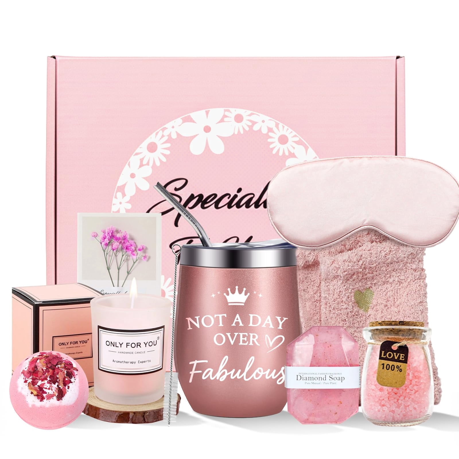 WKTRSM Get Well Soon Gifts Basket for Women 9 Pcs Rose Pink Self Care Gift Box with Fabulous Insulated Tumbler & Spa Bath Set Thinking of You Relaxation Gifts for Mom Wife Best Friend Sister Coworker