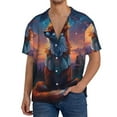 thumbnail image 1 of Balery Starry Sky Meditating Fox Camisa Casual de Manga Corta con Botones para Hombre, Texturizada, Estilo Cubano, para Playa, Verano-X-Large, 1 of 5