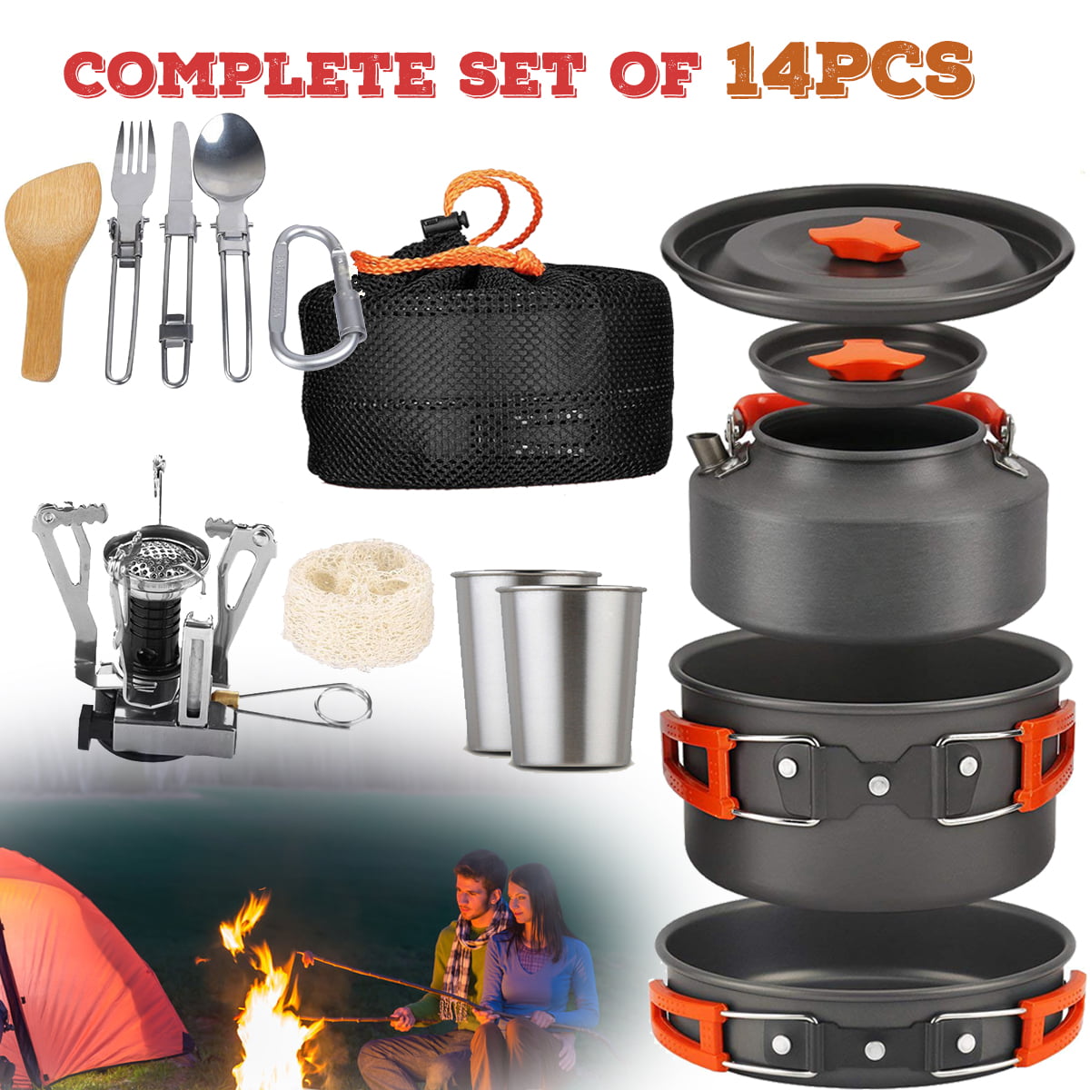 14 Piece Camping Cookware Set Campfire Pot Pan Utensils – Camp Cooking  Backpack Mess Kit