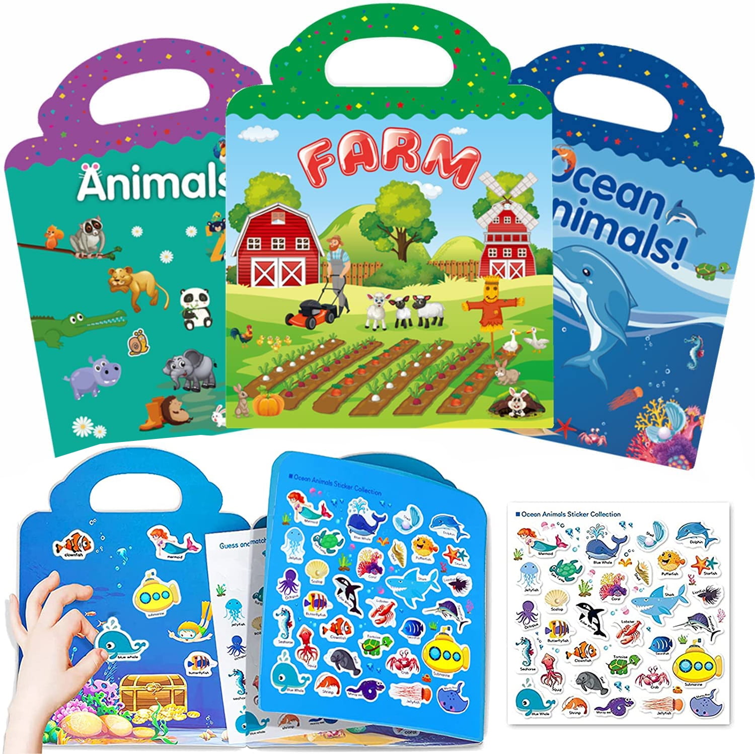 3 Set Reusable Sticker Books for Kids,Travel Removable Books for 2 3 4 5  Year Old Girls Boys 