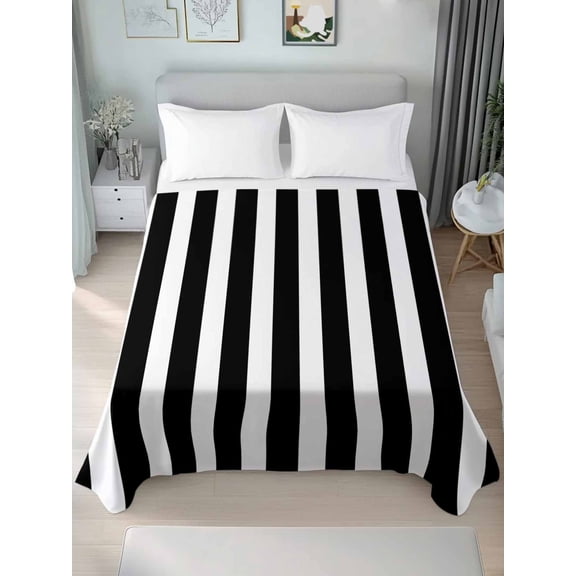 Black Striped Twim XL Size Flat Sheet, Wrinkleproof & Fadeproof Cooling Flat Bed Sheet Only, Modern Farmhouse Black and White Stripes Breathable Soft Bedding Top Sheets 66 x 102 Inches