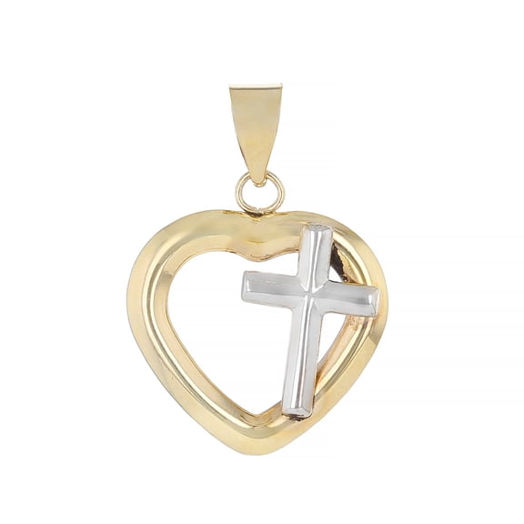 JTV 10K Gold Two Tone Heart And Cross Pendant