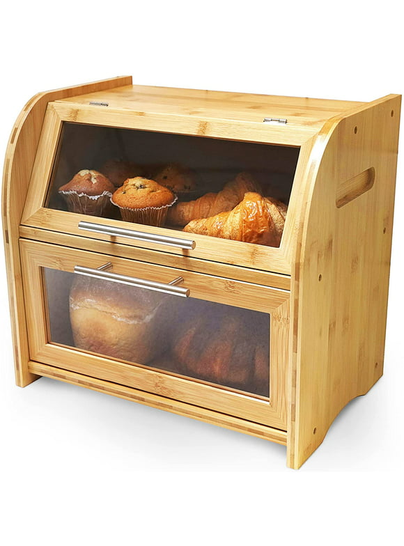 Arise Stylish Bamboo Bread Box for Kitchen Countertop, Extra Large 2-Shelf Wooden Bread Storage Container with Clear Windows and Air Vents Keep Bread, Bagels and Rolls Fresh, Self Assembly