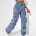 thumbnail image 4 of Savings Women's High Waist Cargo Jeans Flap Pocket Wide Leg Denim Pants Frayed Distressed Boyfriend Trousers Streetwear, 4 of 6