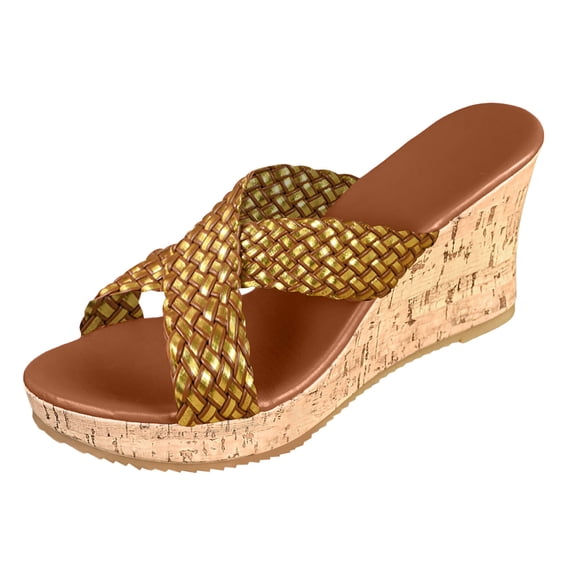 Wedges Sandals for Women Slip On Cork Platform Sandals Backless Open Toe Non Slip Walking Dress Slides Gold Size 7.5