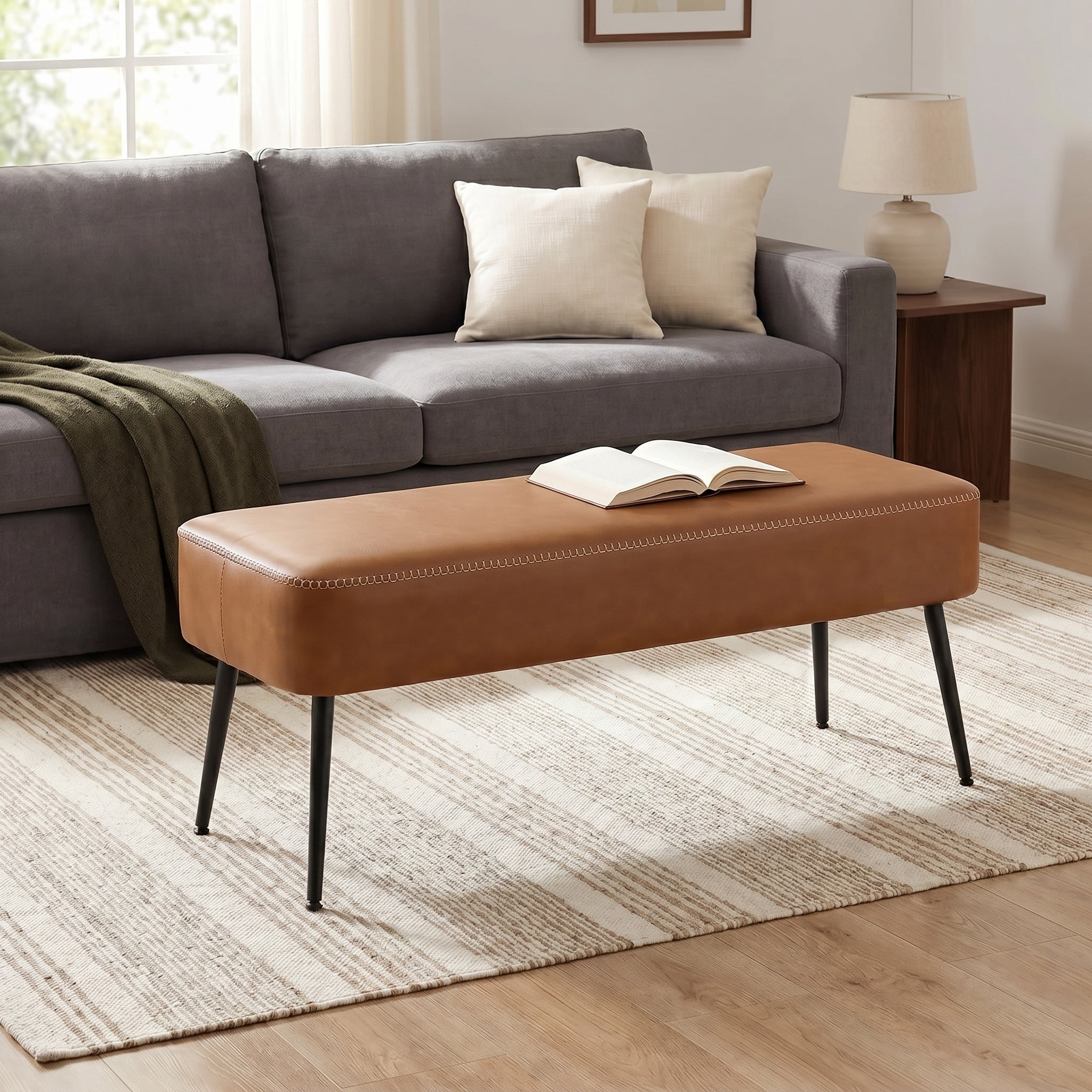 Nordic Hygge Mid-Century Modern Entryway Bench, Caramel Brown