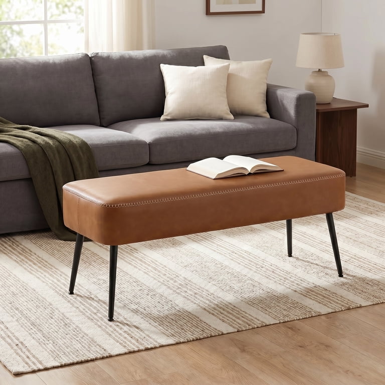 Nordic Hygge Mid-Century Modern Entryway Bench, Caramel Brown photo 7