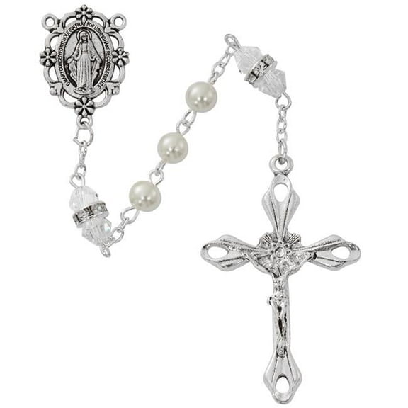 McVan R917CRKF April Birthstone Rosary Crystal Pearl Glass